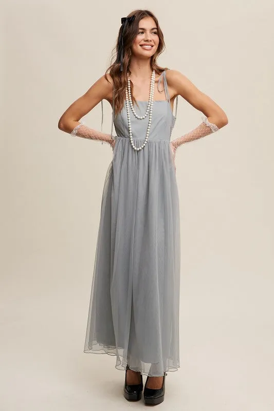 Sage Tint Romantic Babydoll Maxi Tulle Dress