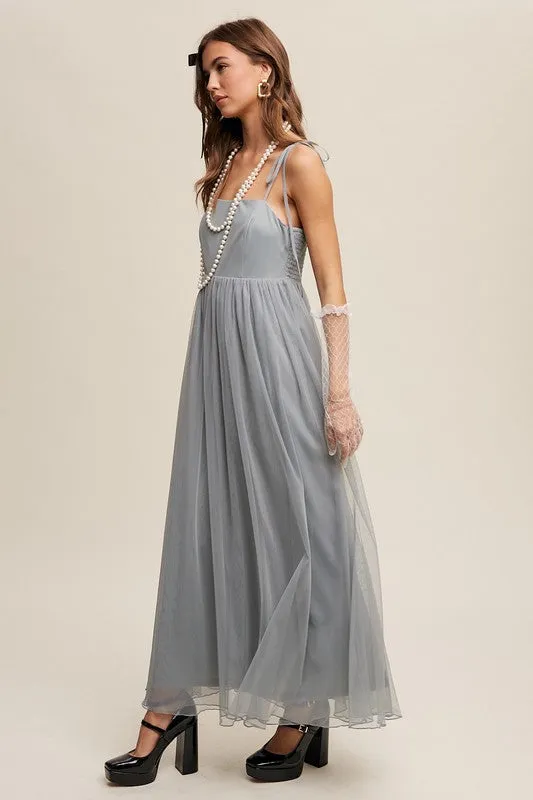 Sage Tint Romantic Babydoll Maxi Tulle Dress