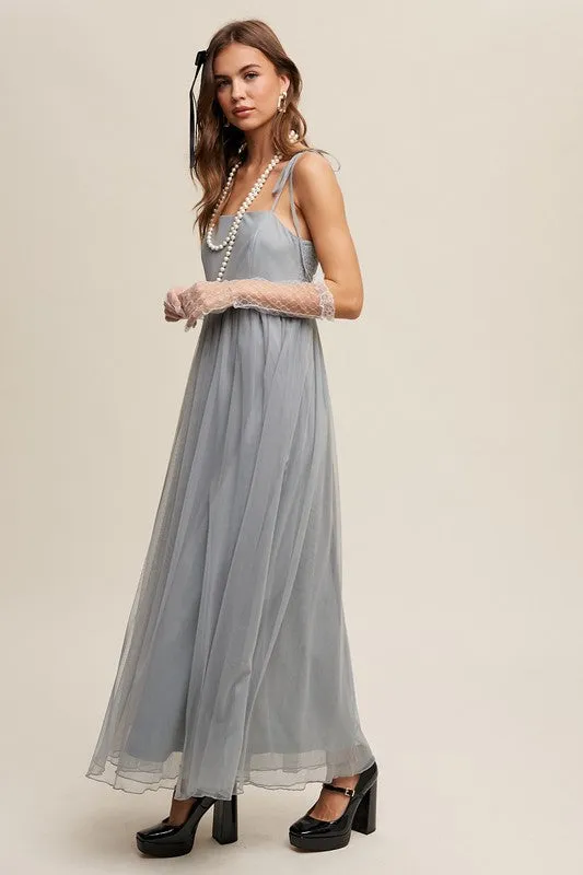 Sage Tint Romantic Babydoll Maxi Tulle Dress