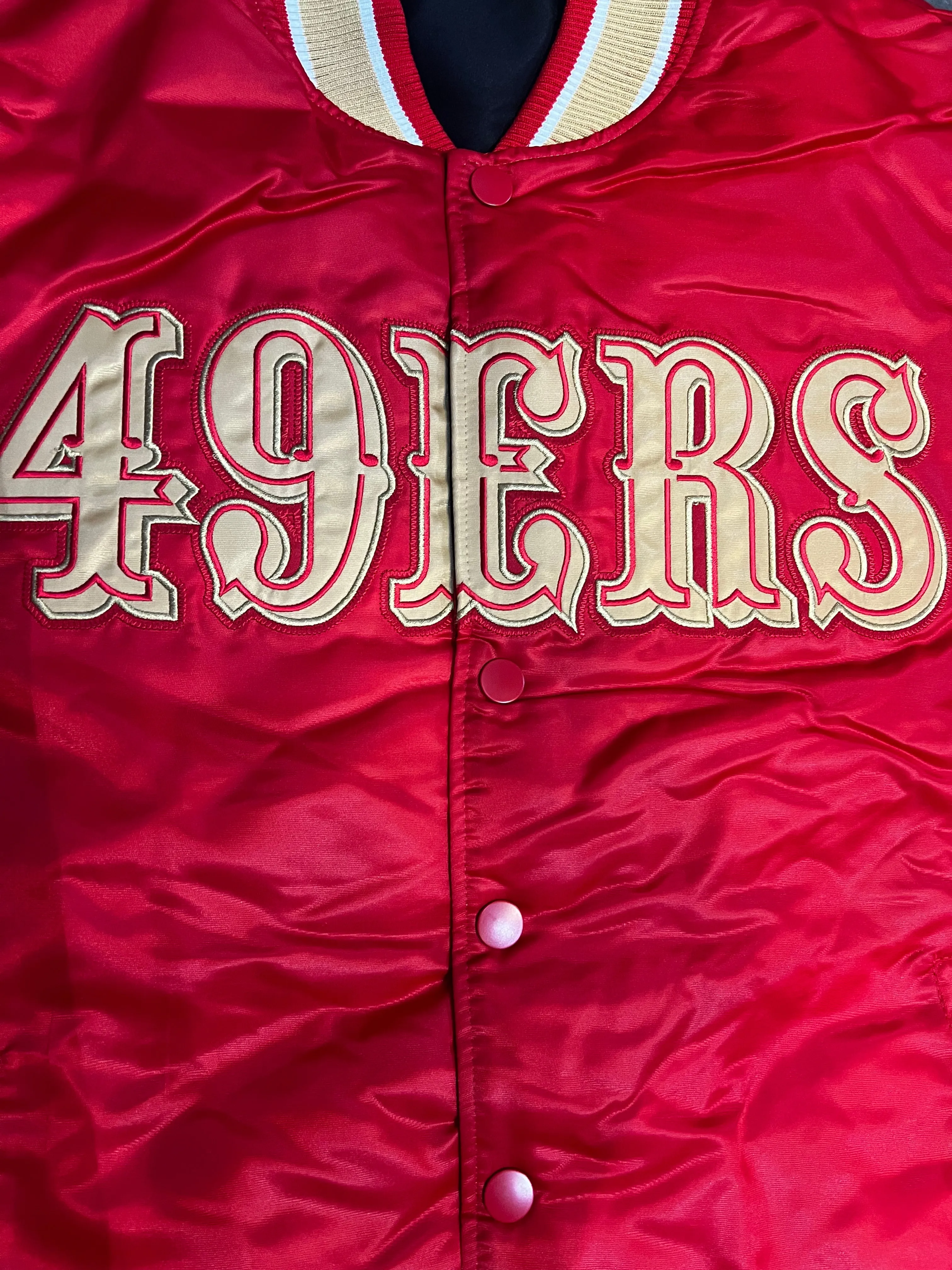 San Francisco 49ers Varsity Full-Snap Reversible Satin Bomber Jacket - Red/Black