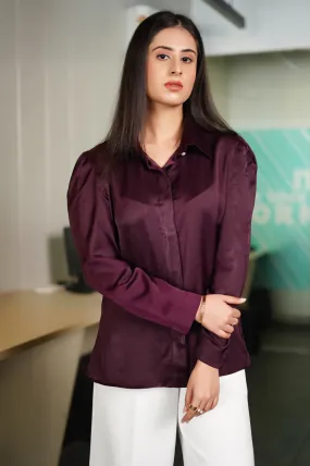 Satin Wine Classic Collar Shirt for Women