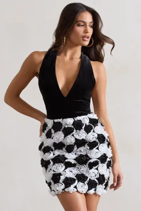 Serenade | Black & White Plunge Halter-Neck Mini Dress With Flowers