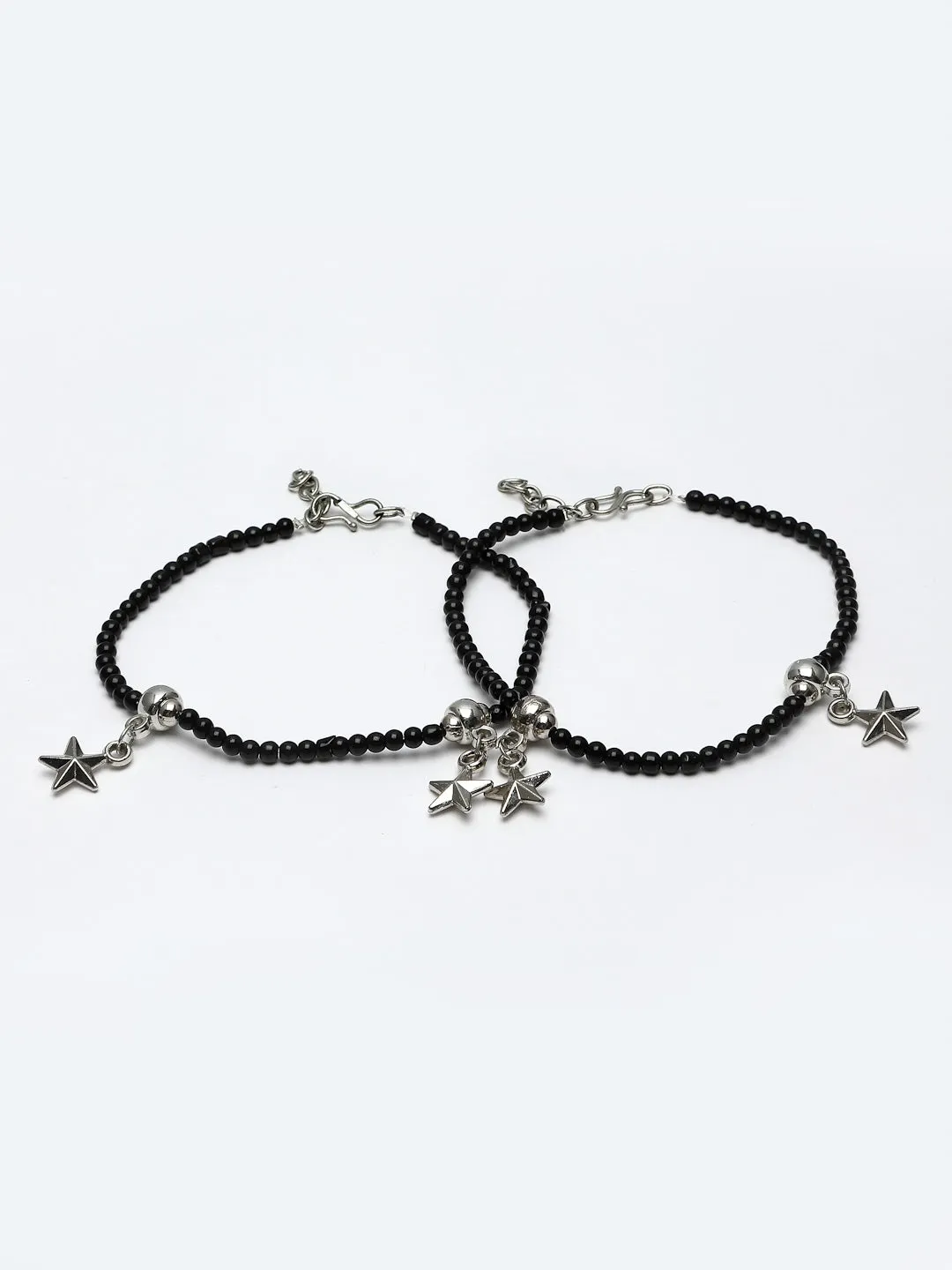 Set Of 2 Oxidized Silver-Plated Black Beaded Star Shaped Handcrafted Anklets