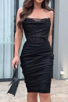 Sexy Strapless Mesh Shirred Bodycon Dress