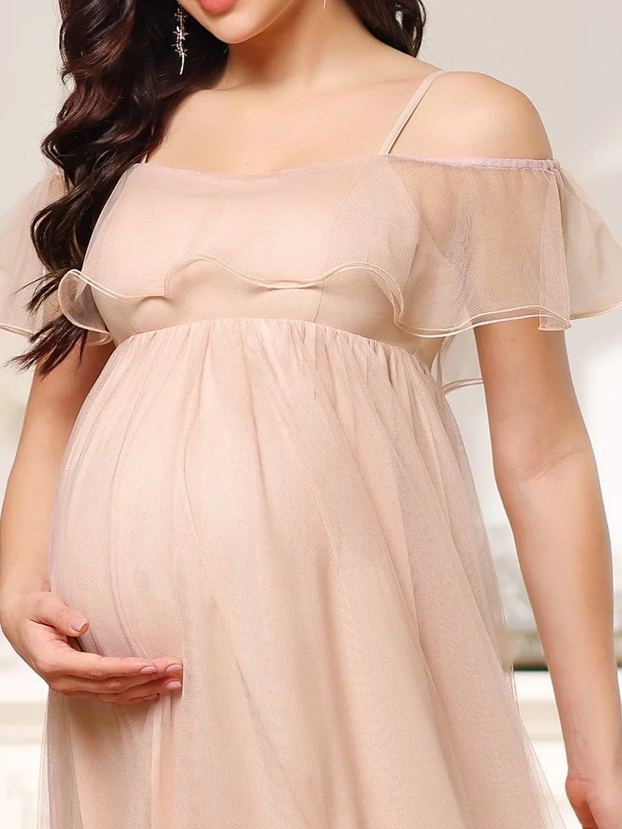 Sheer Ruffle Cold Shoulder Double Skirt Maternity Dress