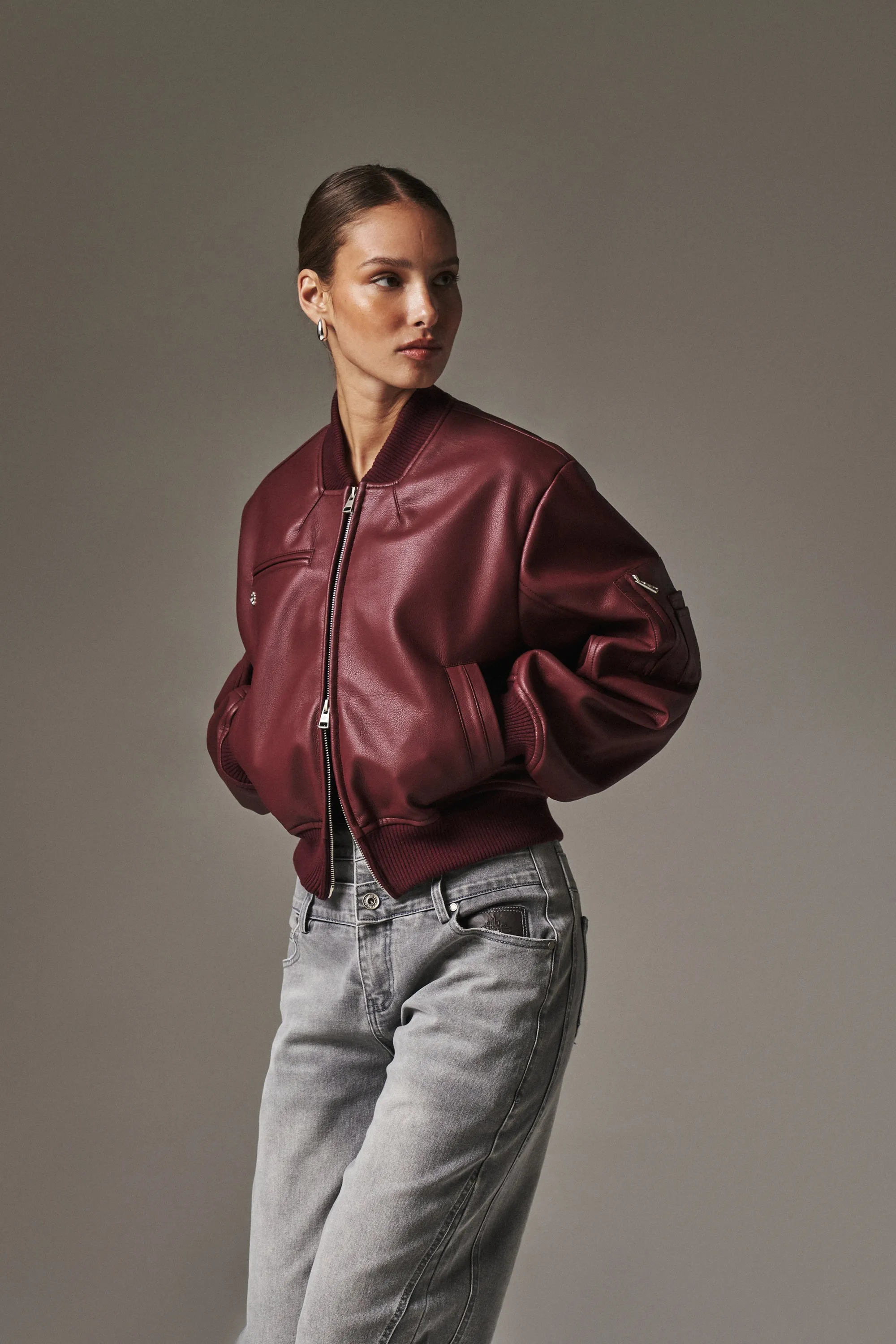 SHOULDER PADDED FAUX LEATHER BOMBER JACKET - DEEP RED