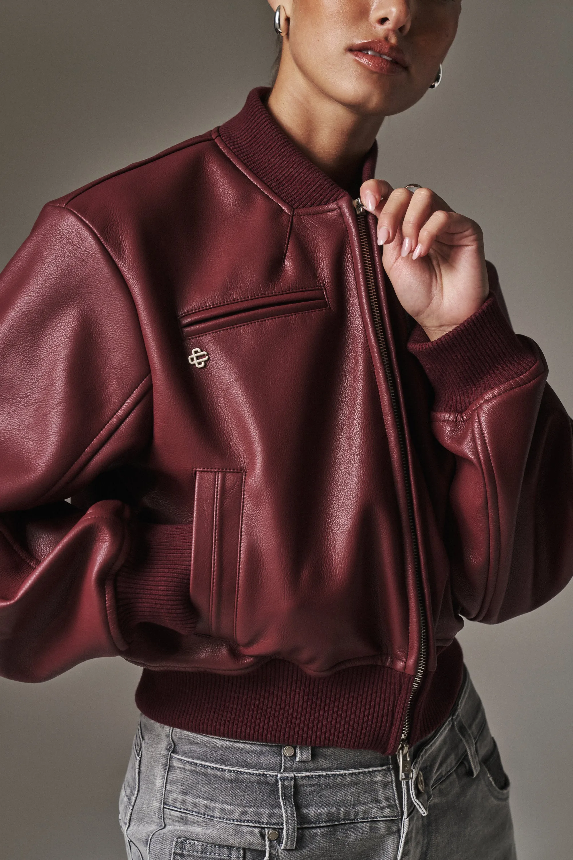 SHOULDER PADDED FAUX LEATHER BOMBER JACKET - DEEP RED