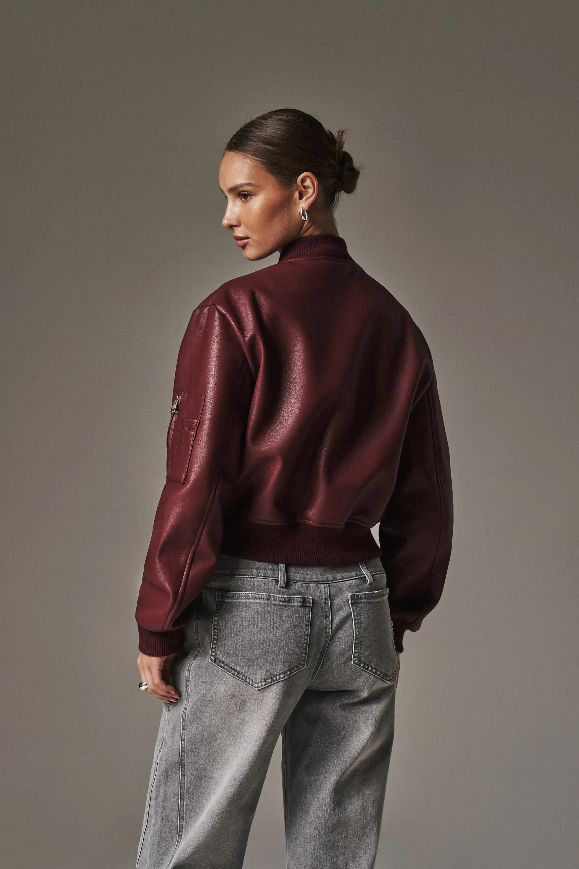 SHOULDER PADDED FAUX LEATHER BOMBER JACKET - DEEP RED