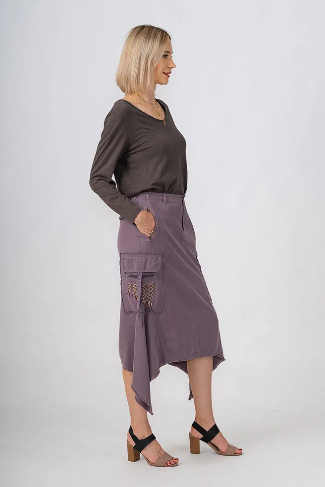 Silk Sharkbite skirt with embroidery in Violet