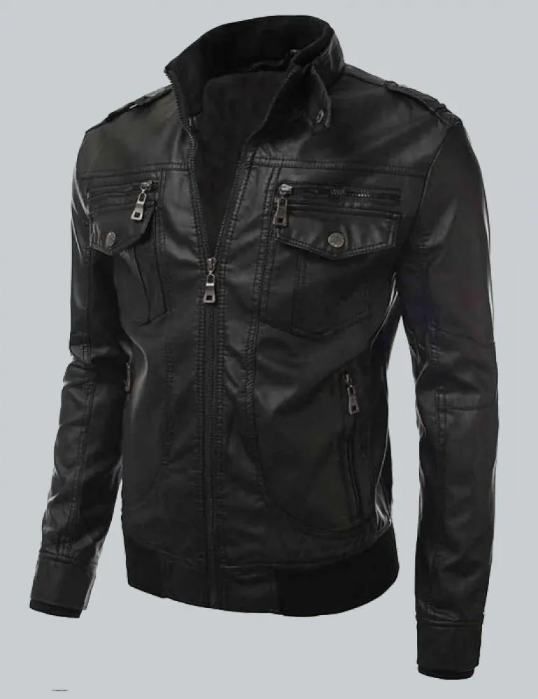 Slim-Fit Black Leather Biker Jacket with Detachable Hoodie