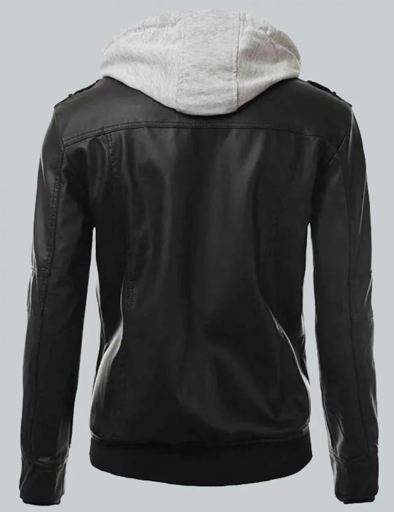 Slim-Fit Black Leather Biker Jacket with Detachable Hoodie