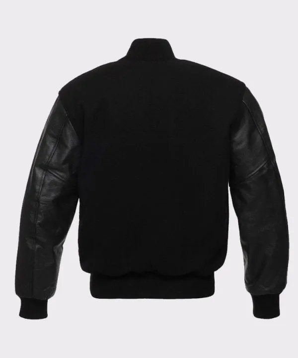 Solid Black Varsity Letterman Wool And Genuine Leather Sleeves Jacket