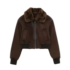 Solid Color Fleece Lined Lapel Collar Short Bomber Jacket for Women