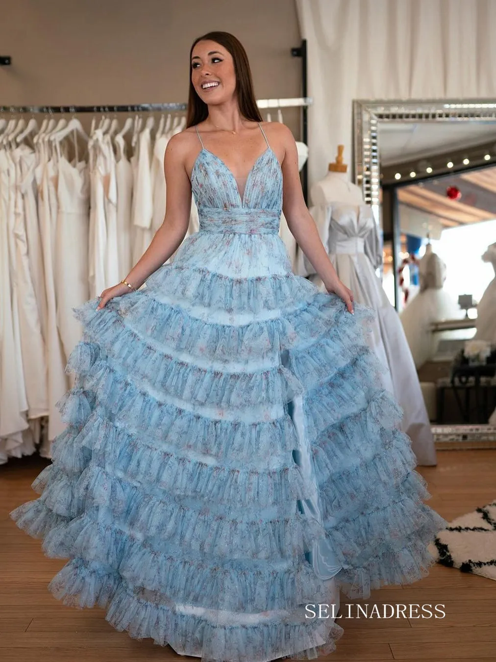 Spaghetti Straps Ruched Tiered A-Line Blue Floral Sequins Long Prom Dress lps010