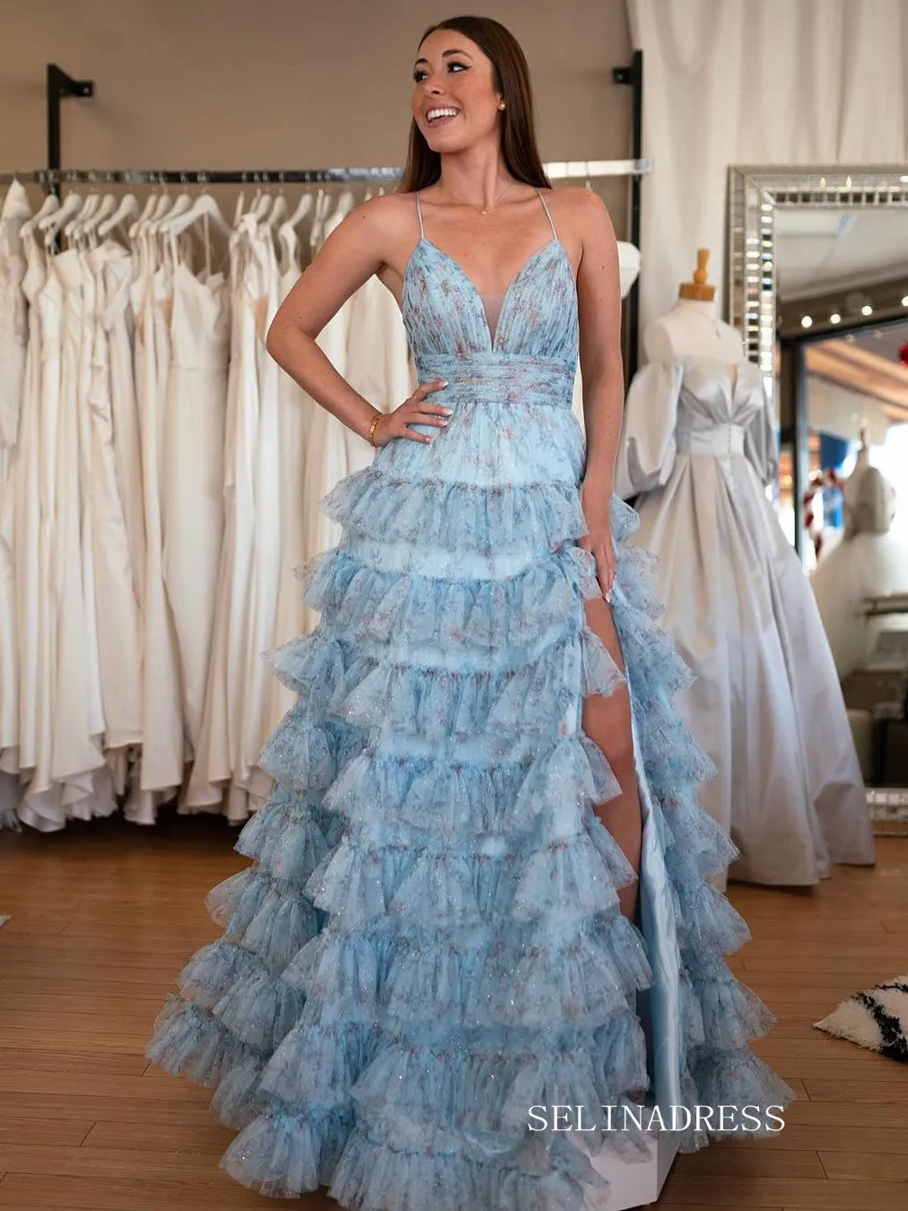 Spaghetti Straps Ruched Tiered A-Line Blue Floral Sequins Long Prom Dress lps010