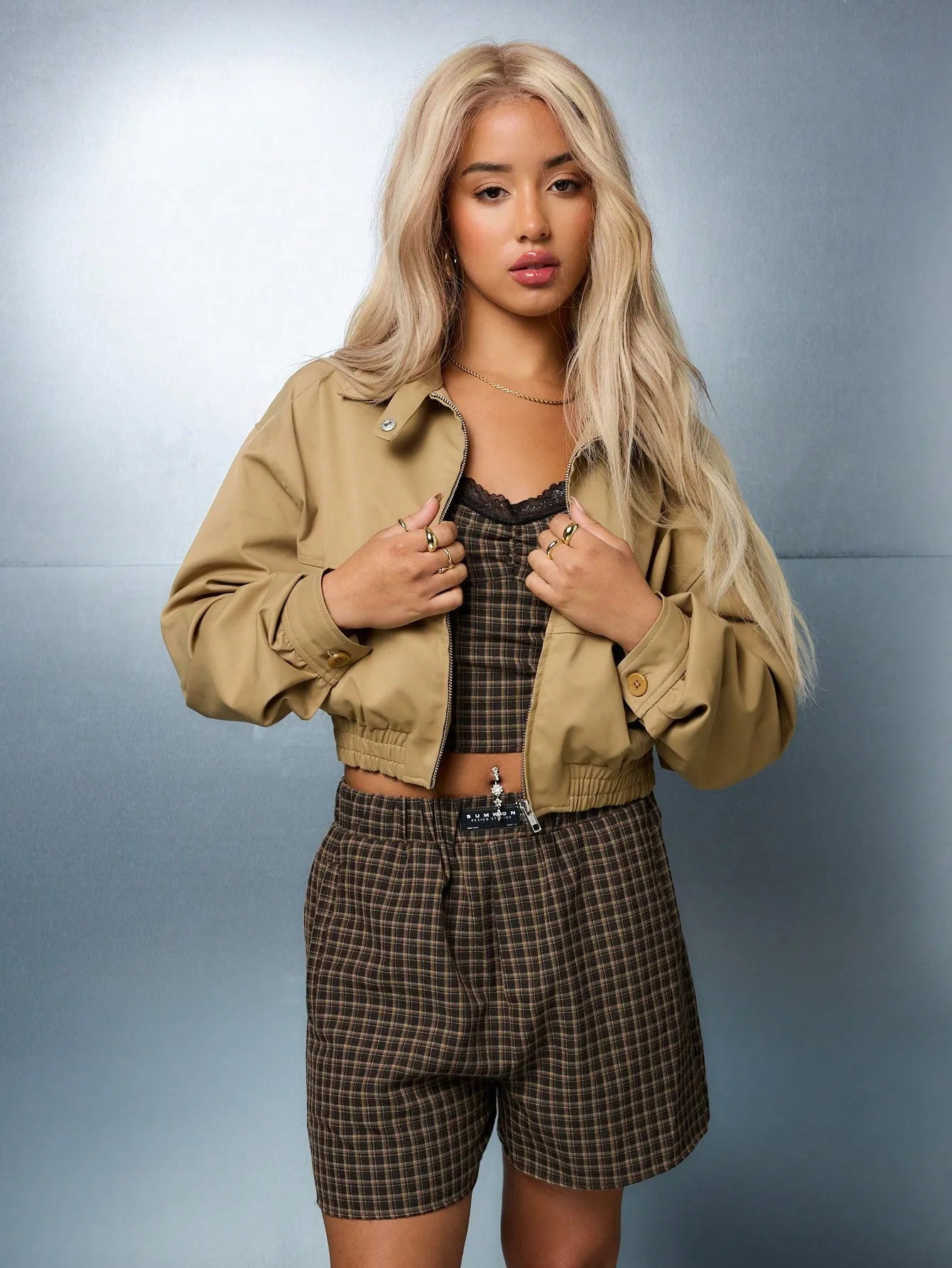 SUMWON WOMEN Zip Through Full Sleeves Crop Bomber Jacket