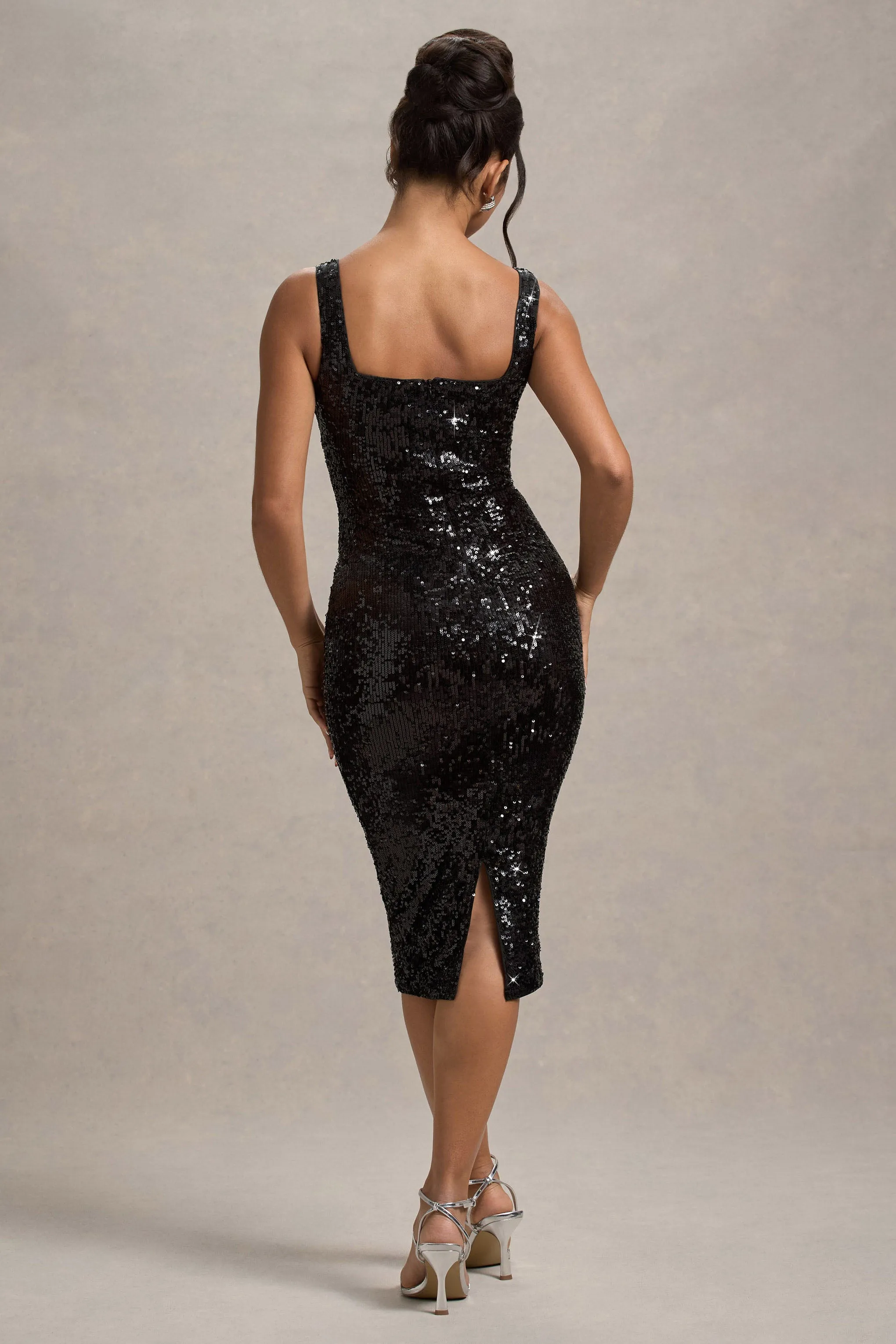 Sweet Spark | Black Sequin Square-Neck Midi Dress