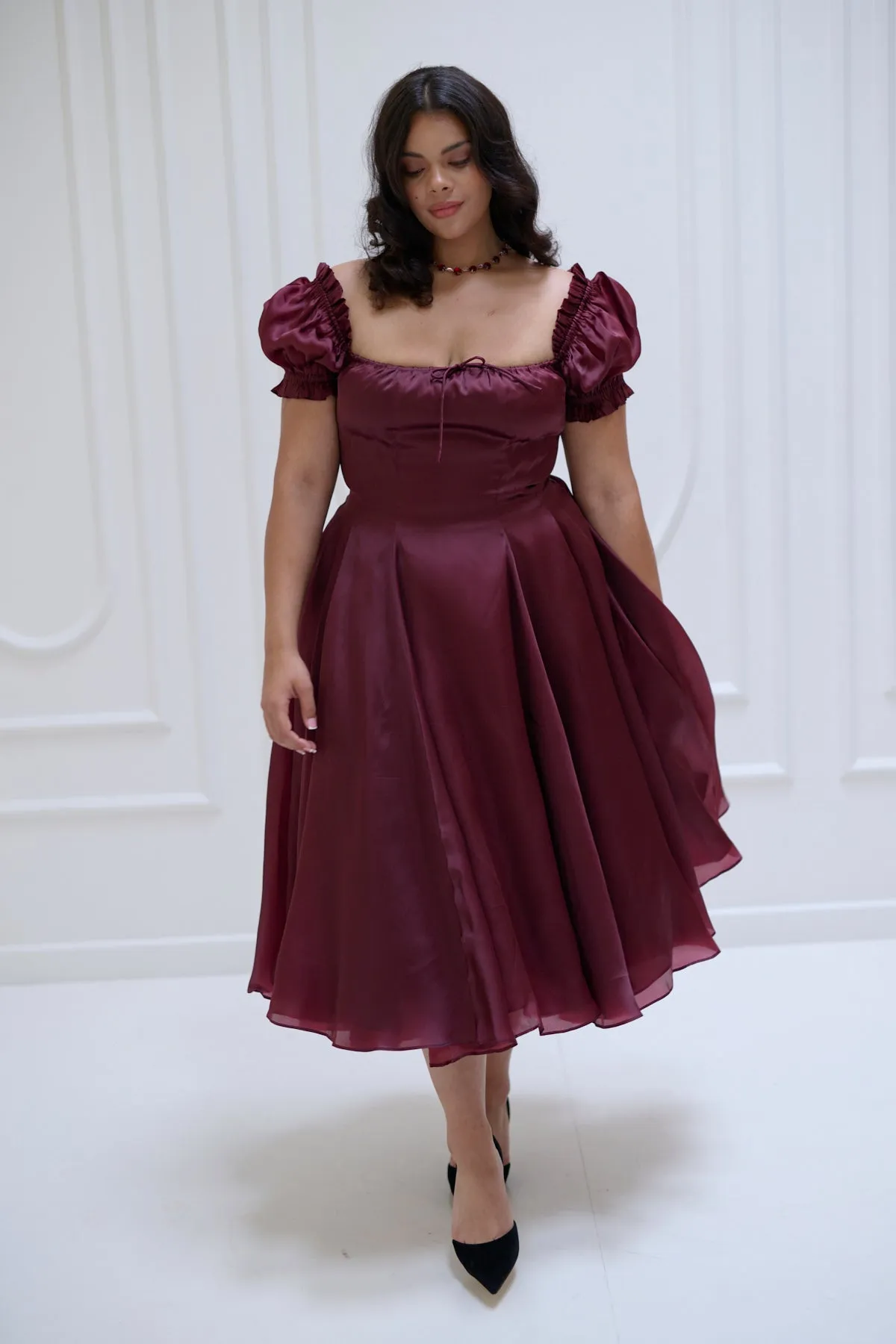 The Silk Satin Bordeaux Garden Party Dress