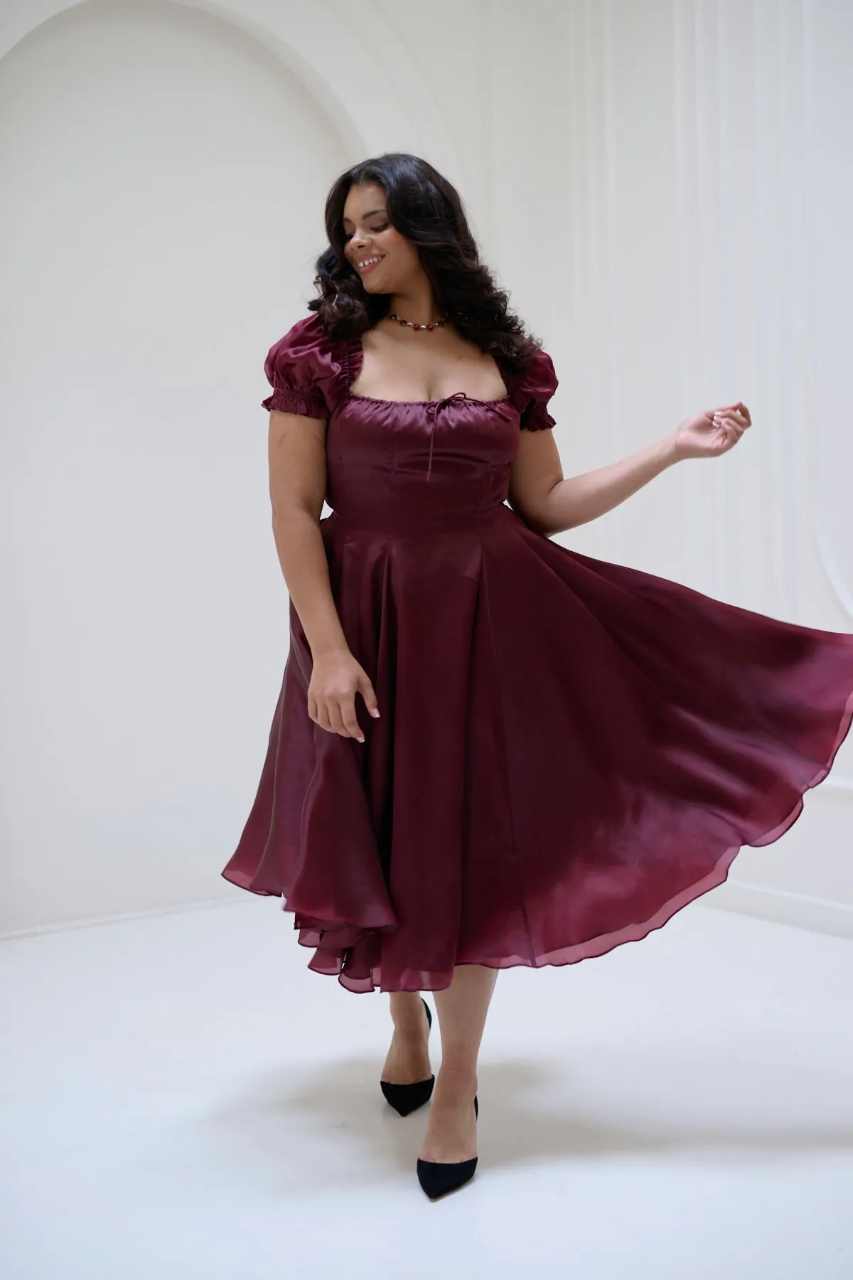 The Silk Satin Bordeaux Garden Party Dress