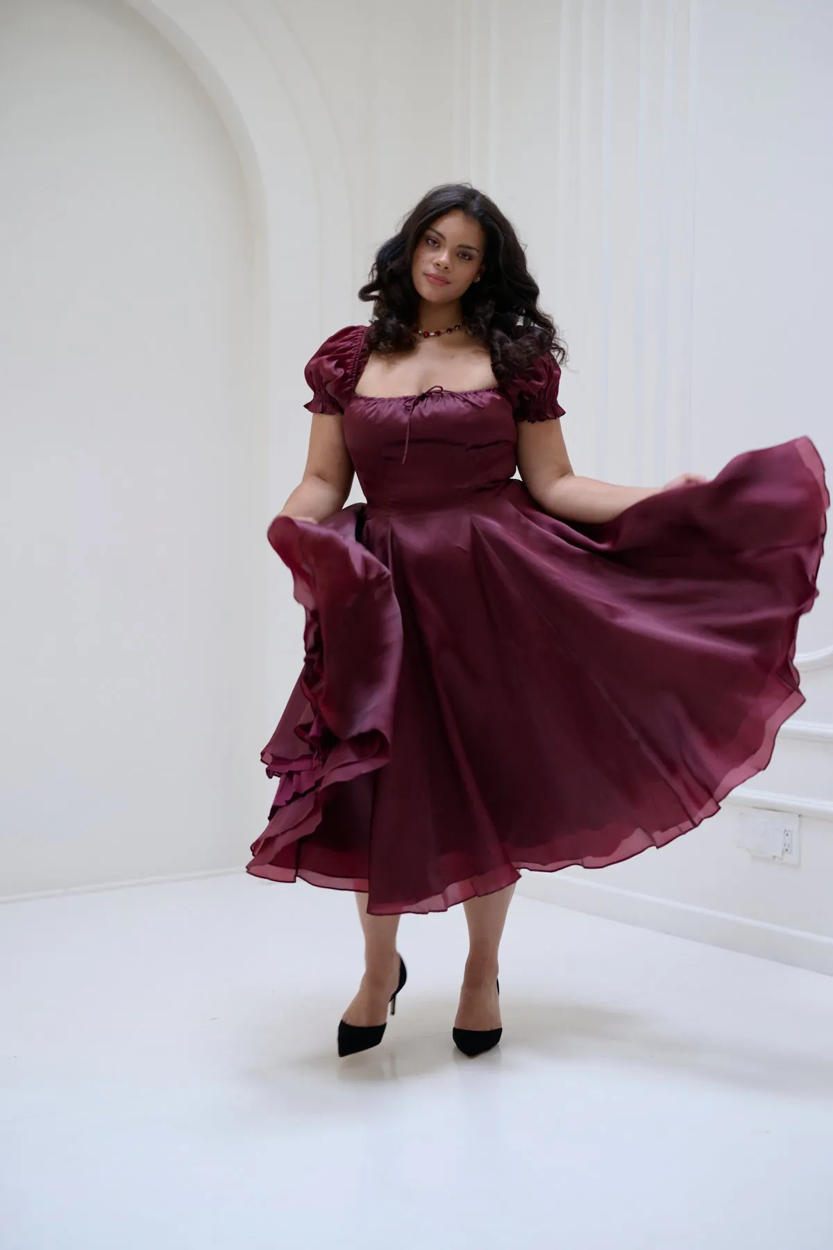 The Silk Satin Bordeaux Garden Party Dress