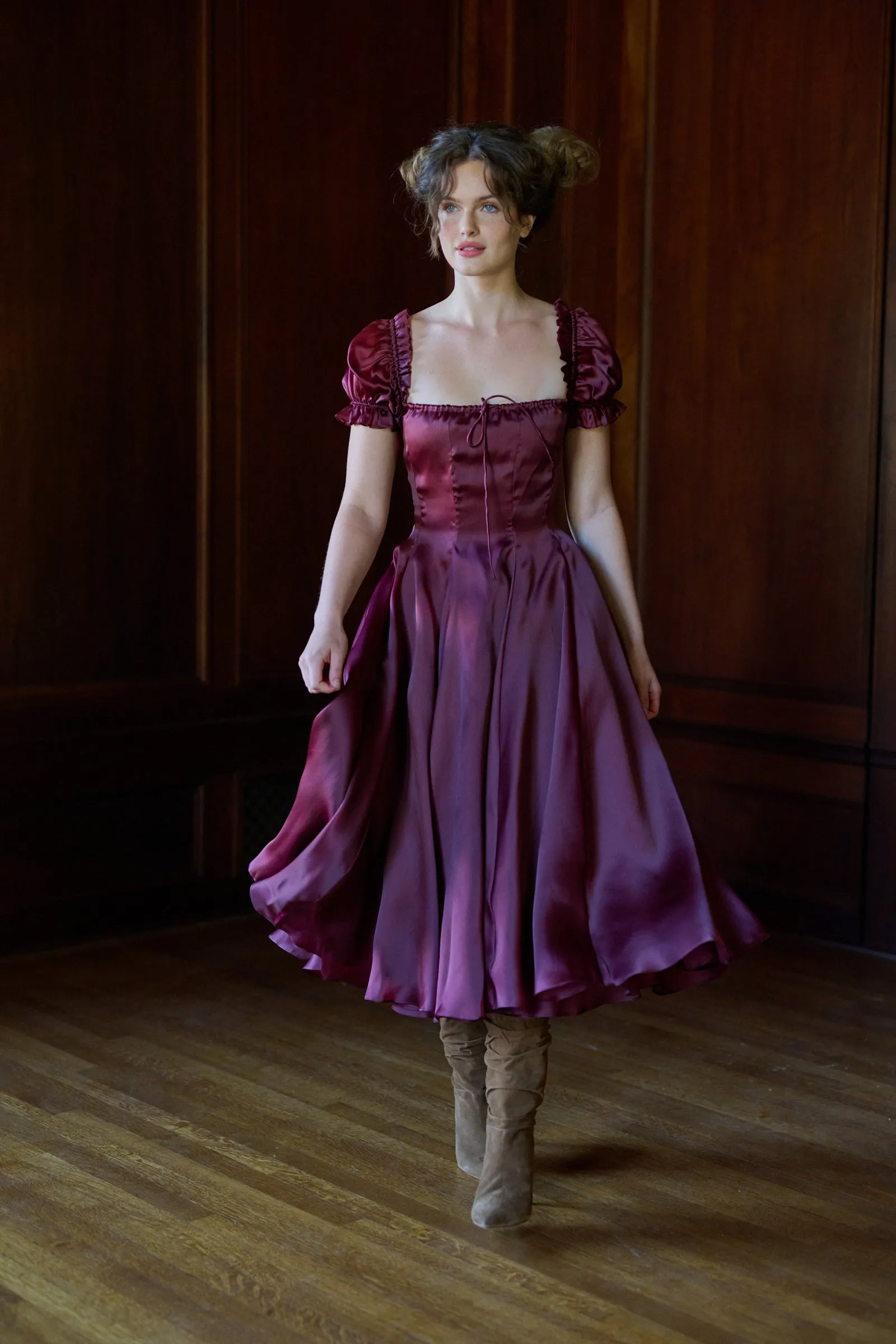 The Silk Satin Bordeaux Garden Party Dress