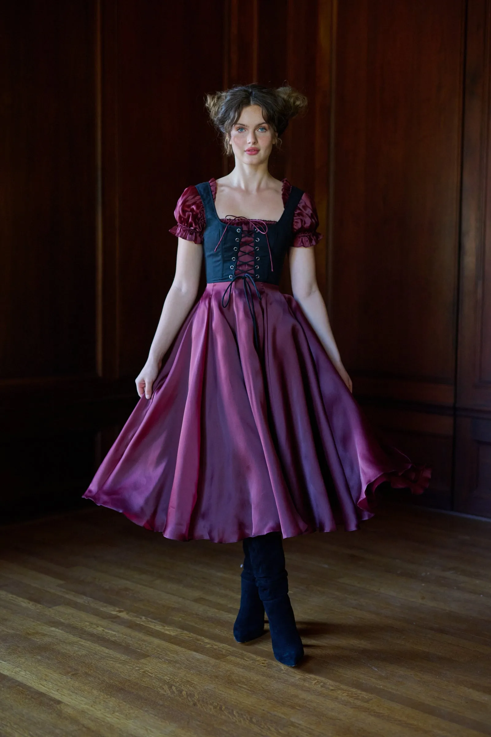 The Silk Satin Bordeaux Garden Party Dress