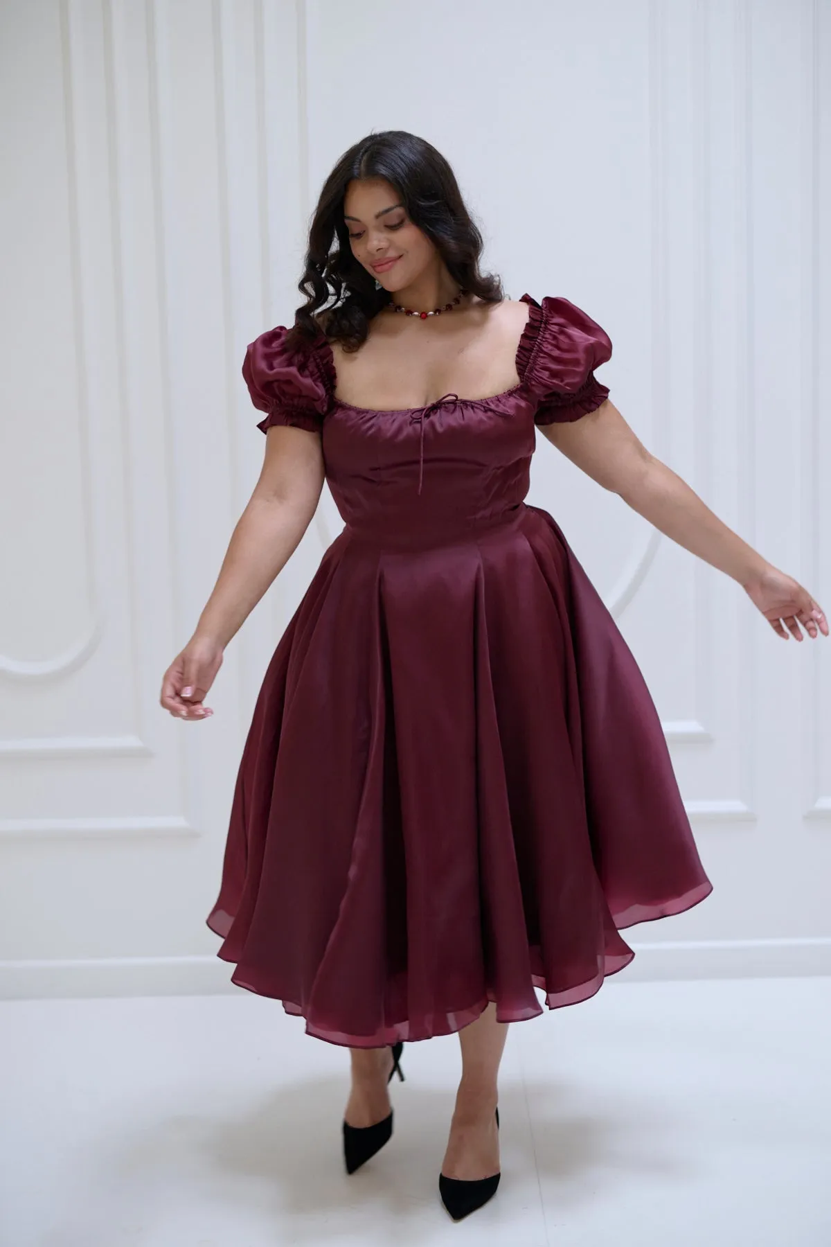 The Silk Satin Bordeaux Garden Party Dress