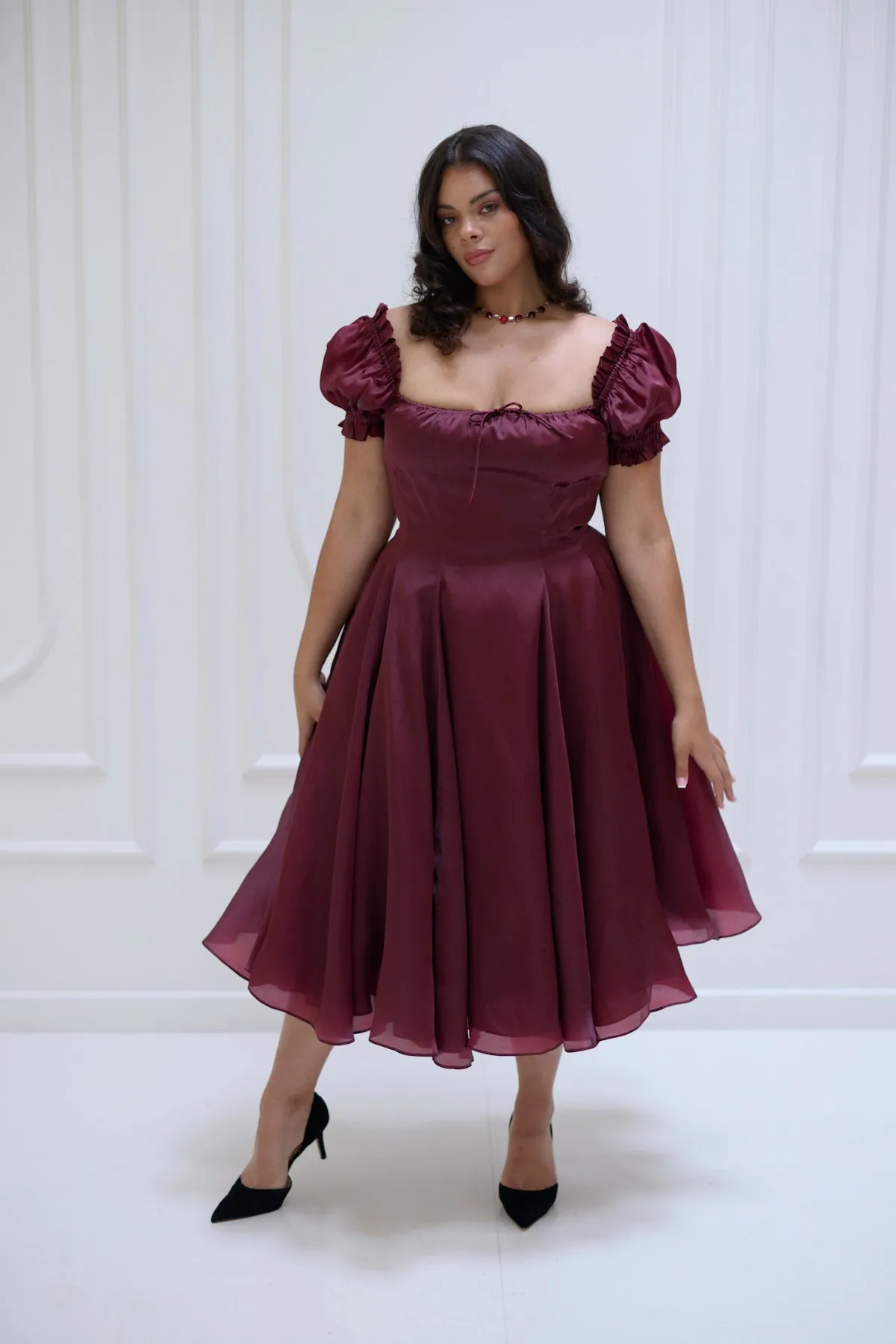 The Silk Satin Bordeaux Garden Party Dress