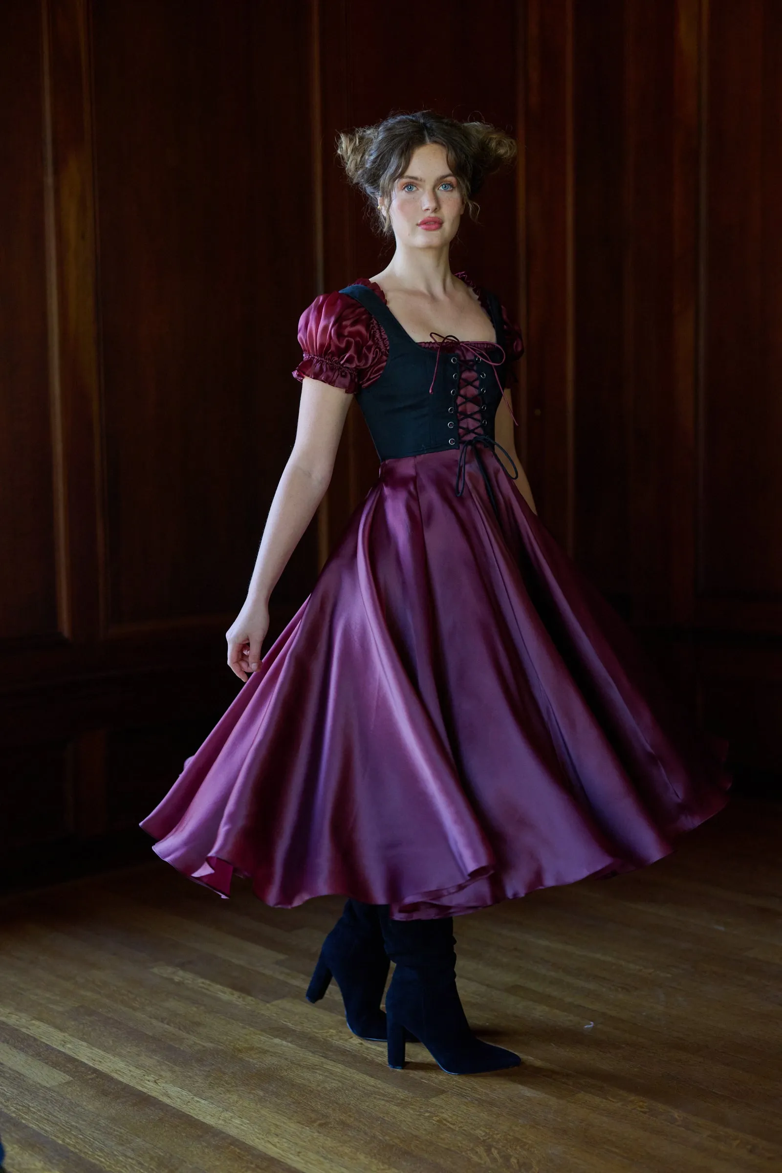 The Silk Satin Bordeaux Garden Party Dress