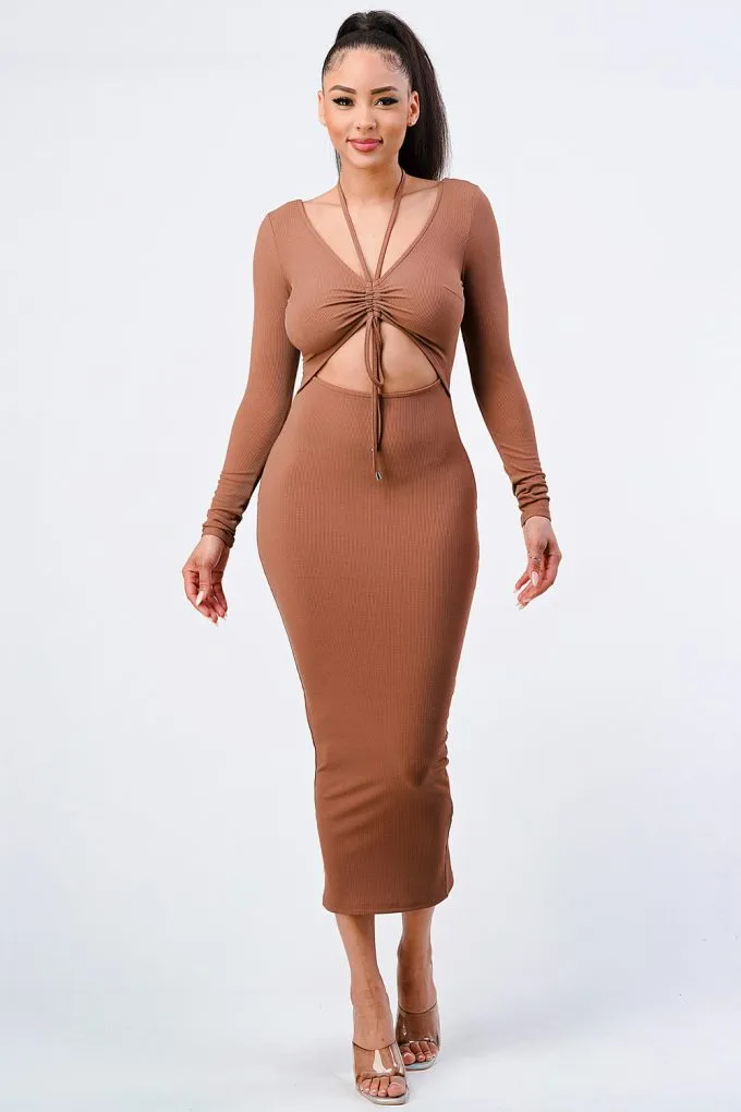 Trendy Front Shirring Cut-out Long Sleeved Dress