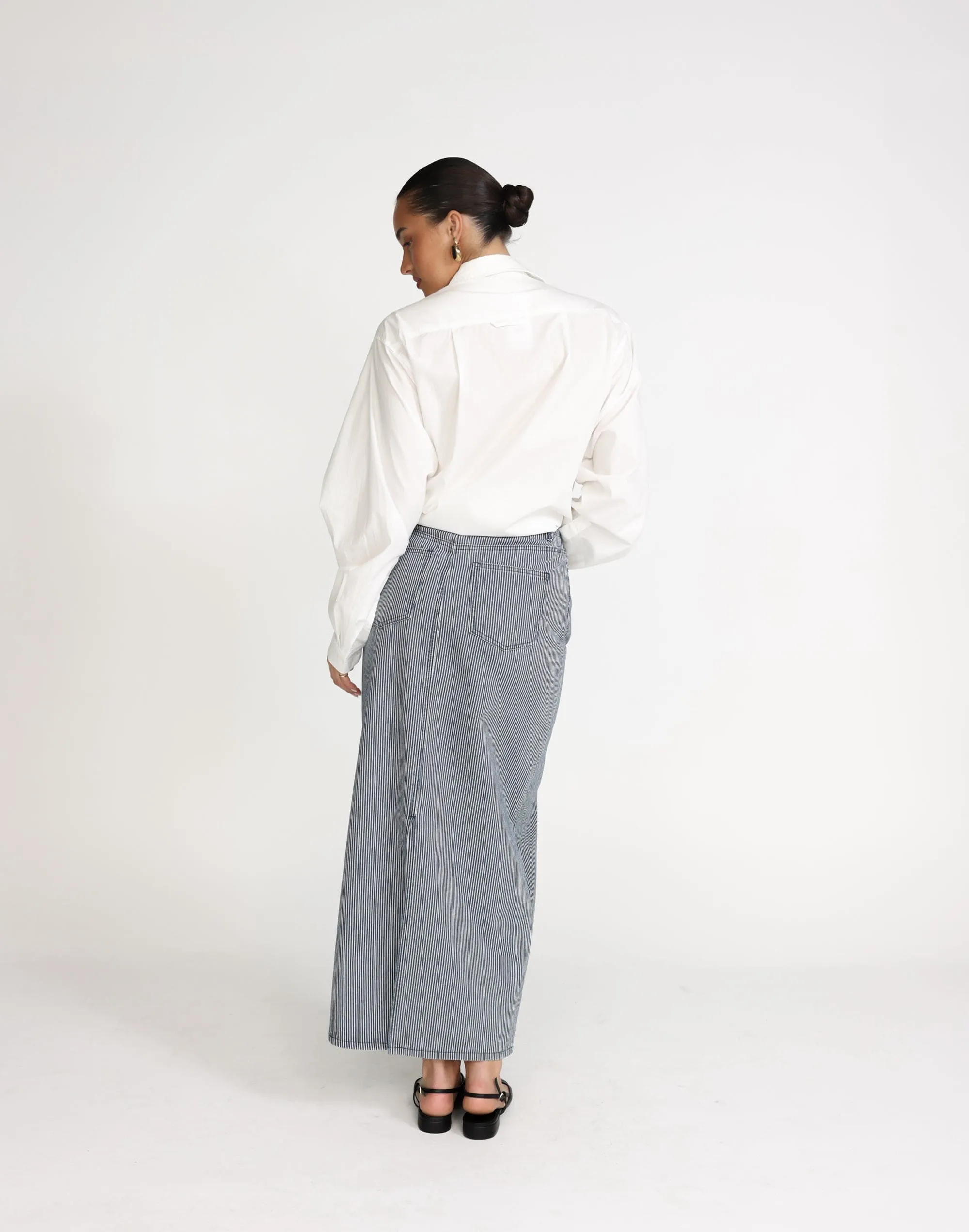 Tyler Denim Maxi Skirt (Navy Pinstripe)