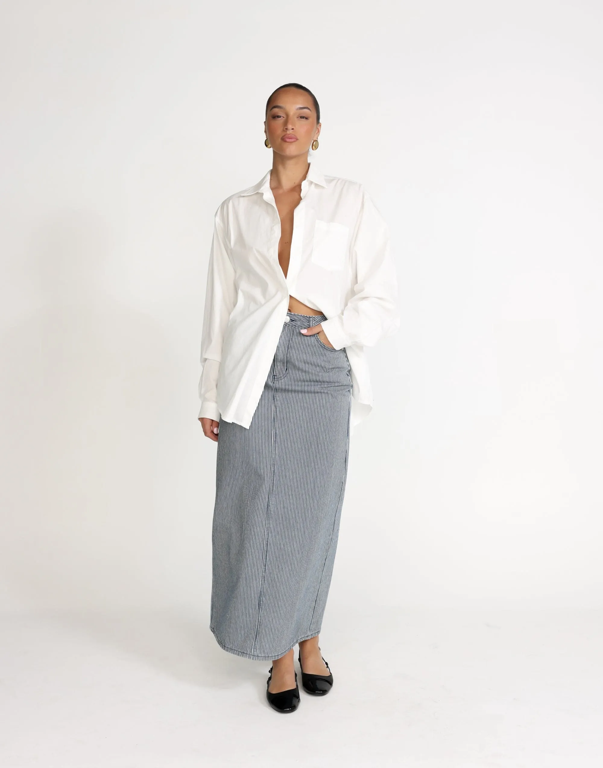 Tyler Denim Maxi Skirt (Navy Pinstripe)