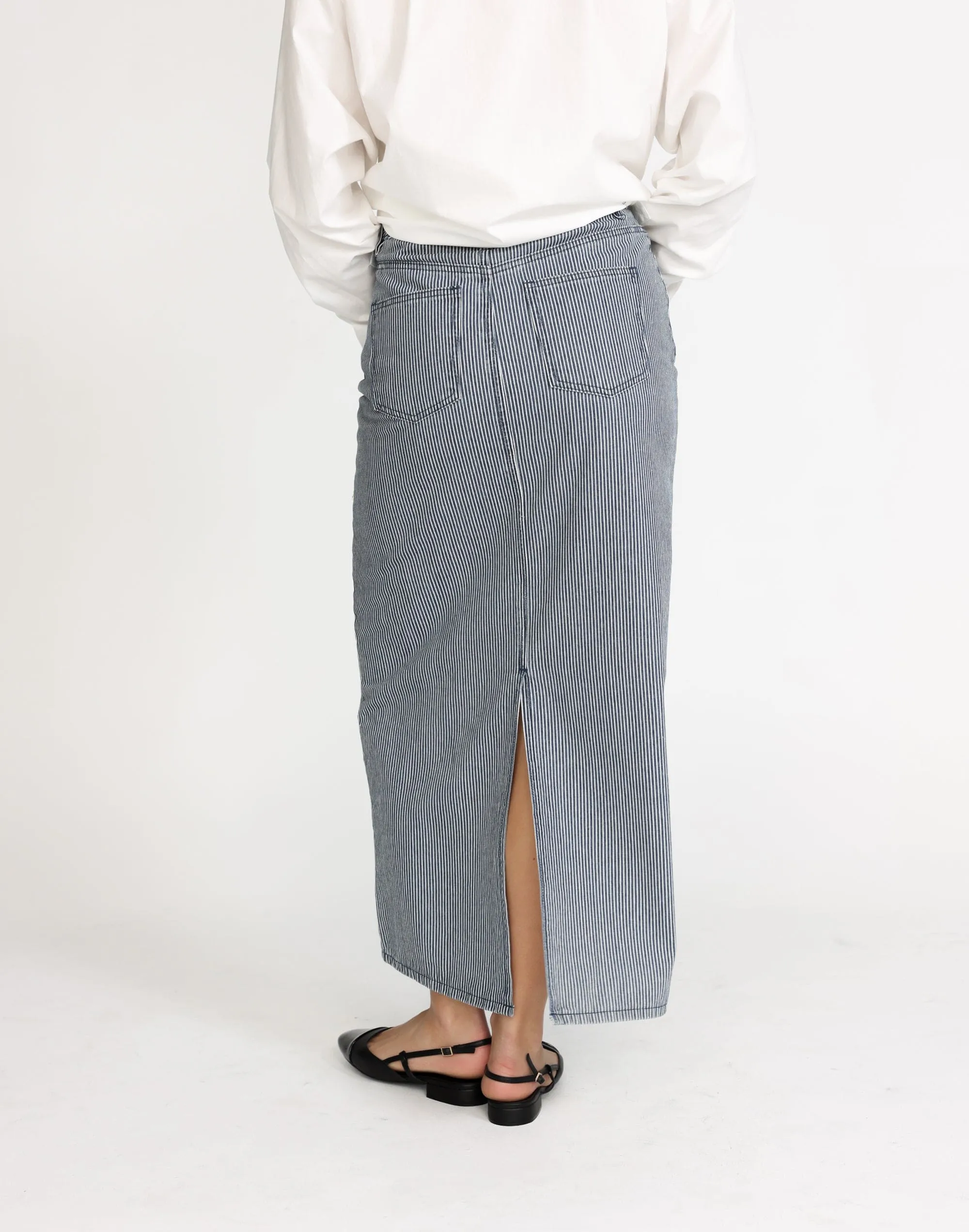 Tyler Denim Maxi Skirt (Navy Pinstripe)