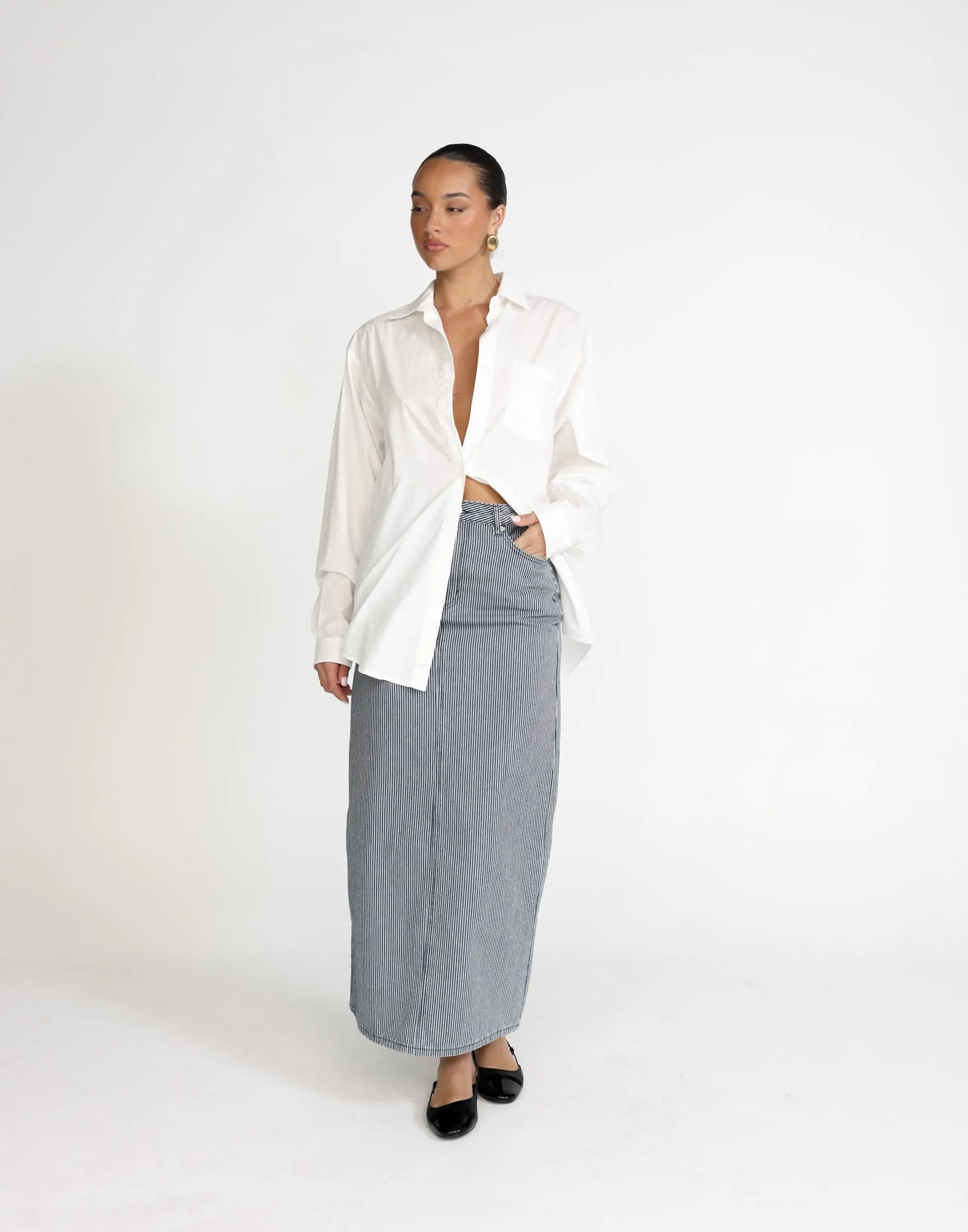 Tyler Denim Maxi Skirt (Navy Pinstripe)