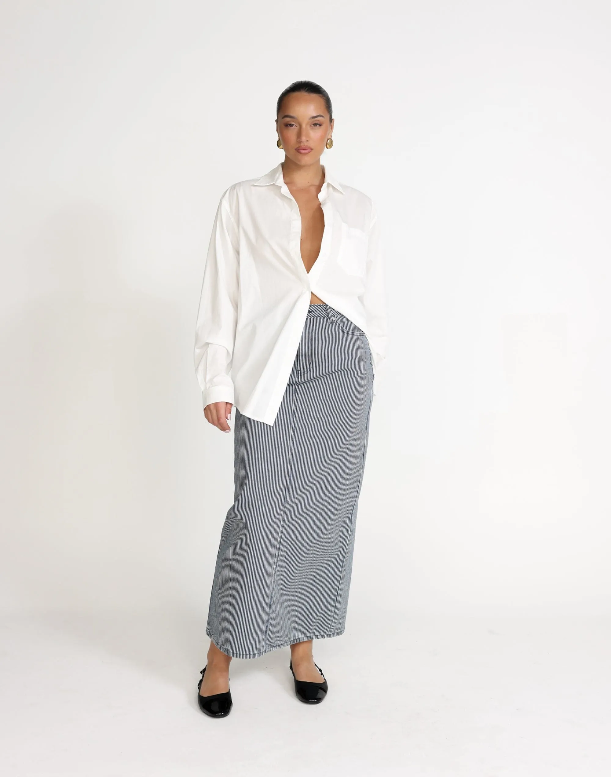 Tyler Denim Maxi Skirt (Navy Pinstripe)