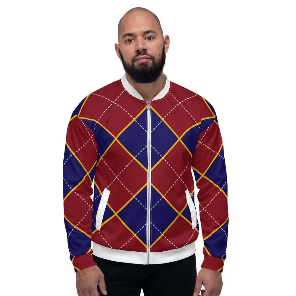 Uniquely You Mens Bomber Jacket / Red and Blue Argyle