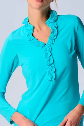 UPF 50  Ruffle V Neck Top In Caribbean Turquoise