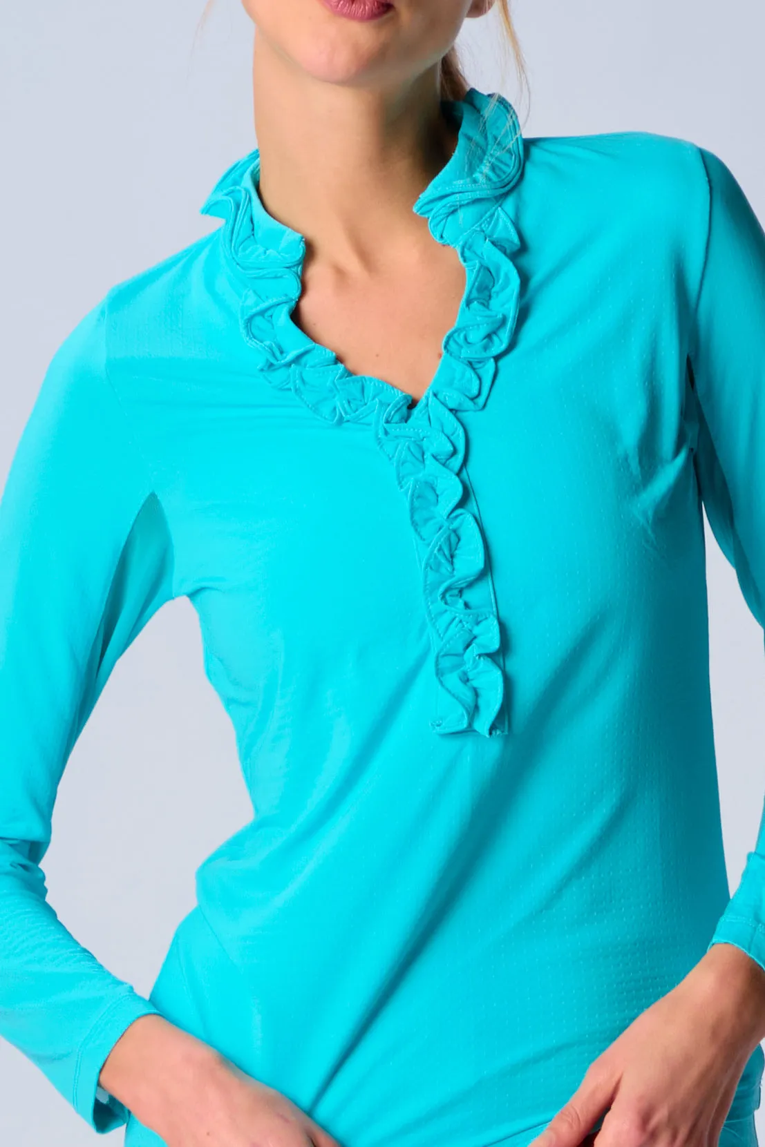 UPF 50  Ruffle V Neck Top In Caribbean Turquoise