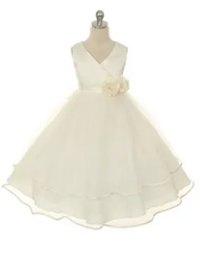 V-neck Satin Bodice and Tulle Layered Skirt Dress - Ivory