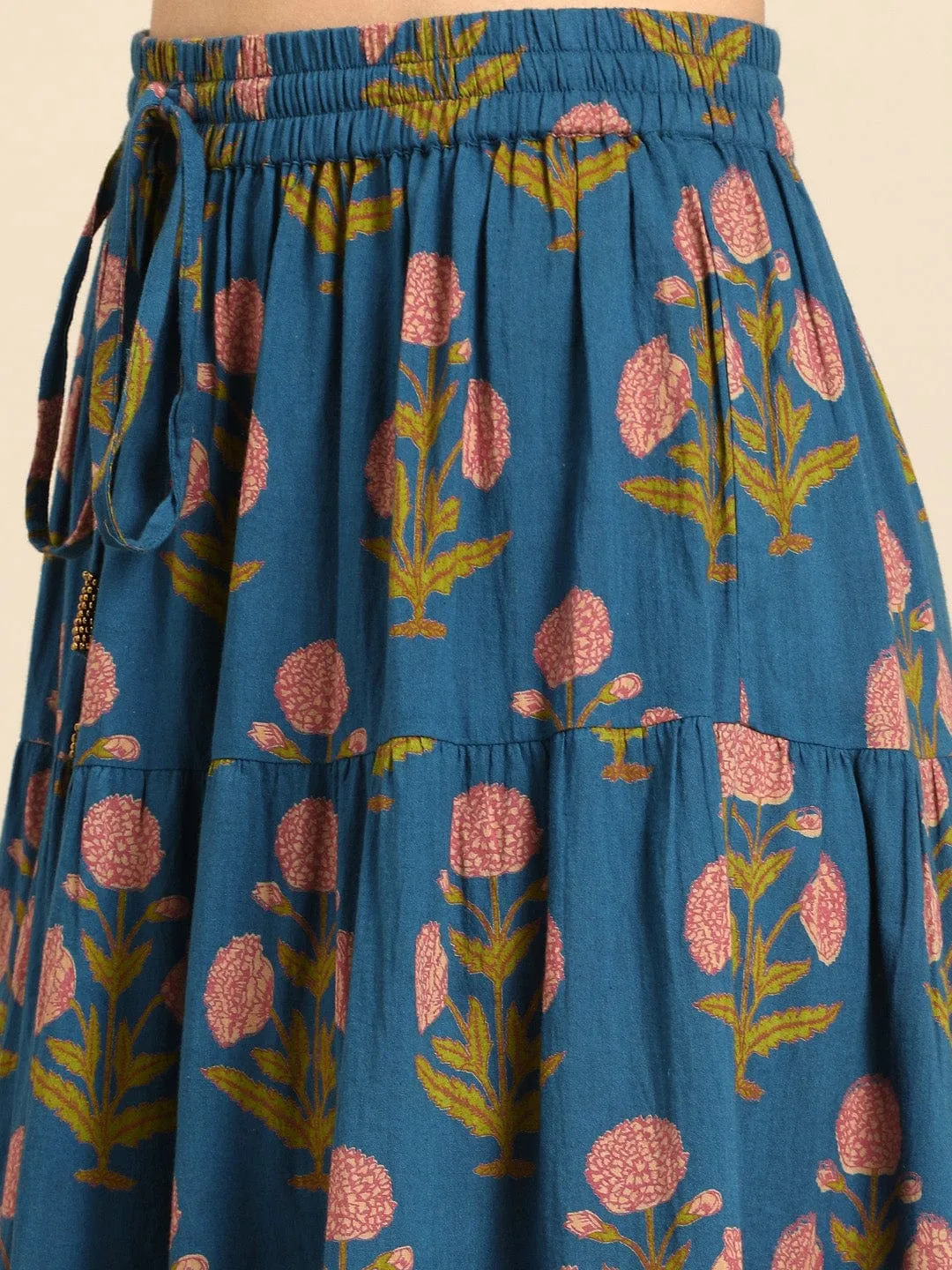 Varanga Blue & Red Printed Tiered Skirt With Pom Pom Detailing