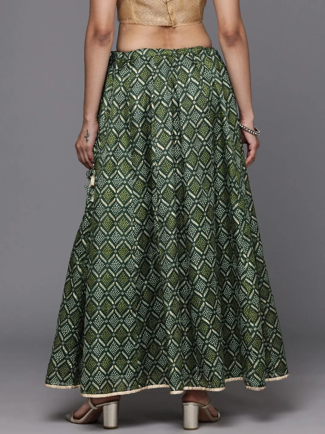 Varanga Women Green Bandhani Printed A Line Maxi Skirt