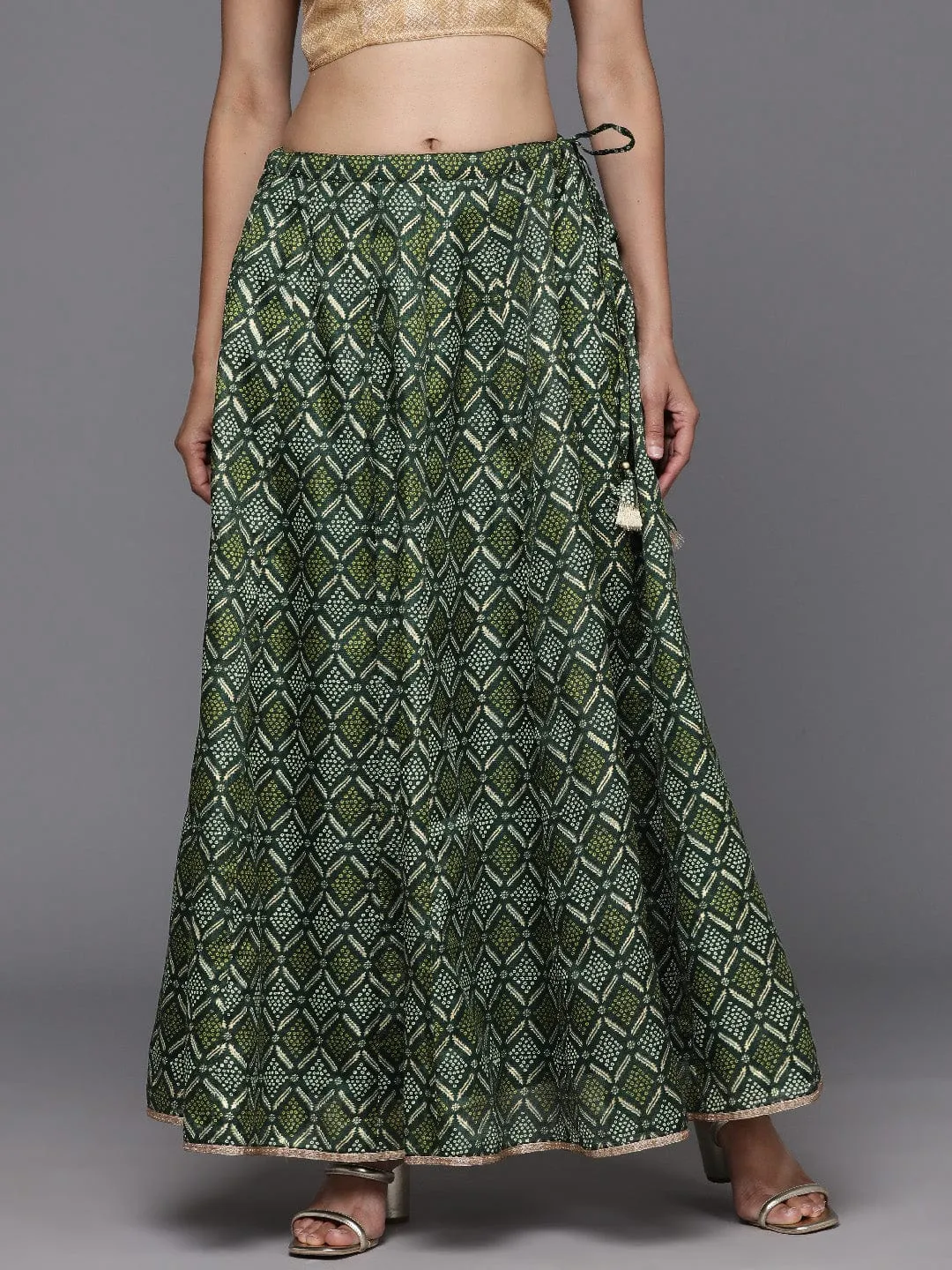 Varanga Women Green Bandhani Printed A Line Maxi Skirt