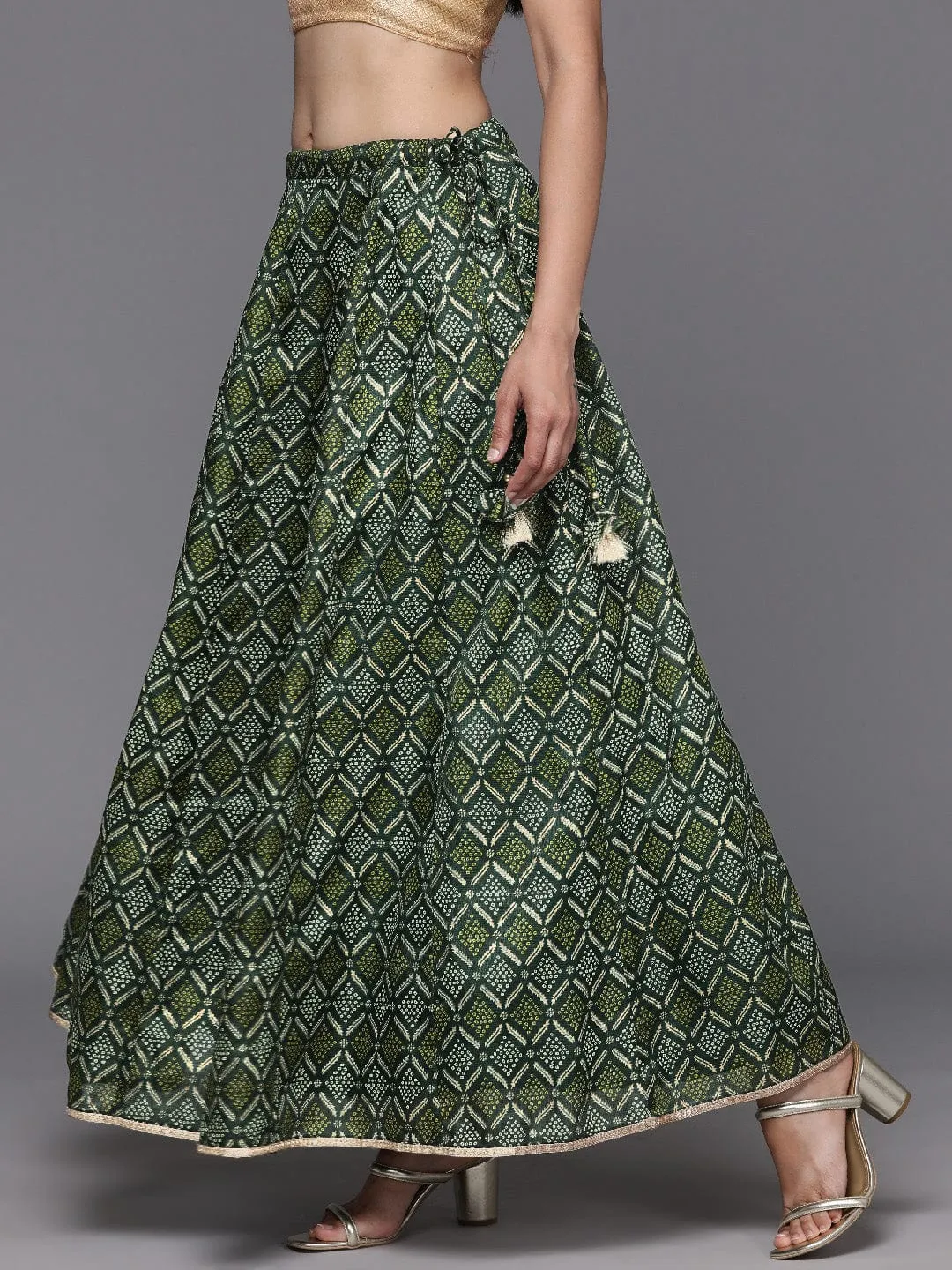 Varanga Women Green Bandhani Printed A Line Maxi Skirt