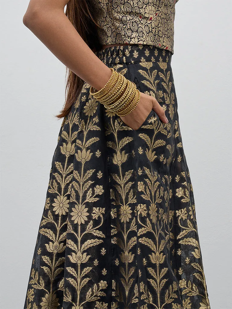 Vark Black Brocade Design A-Line Skirt