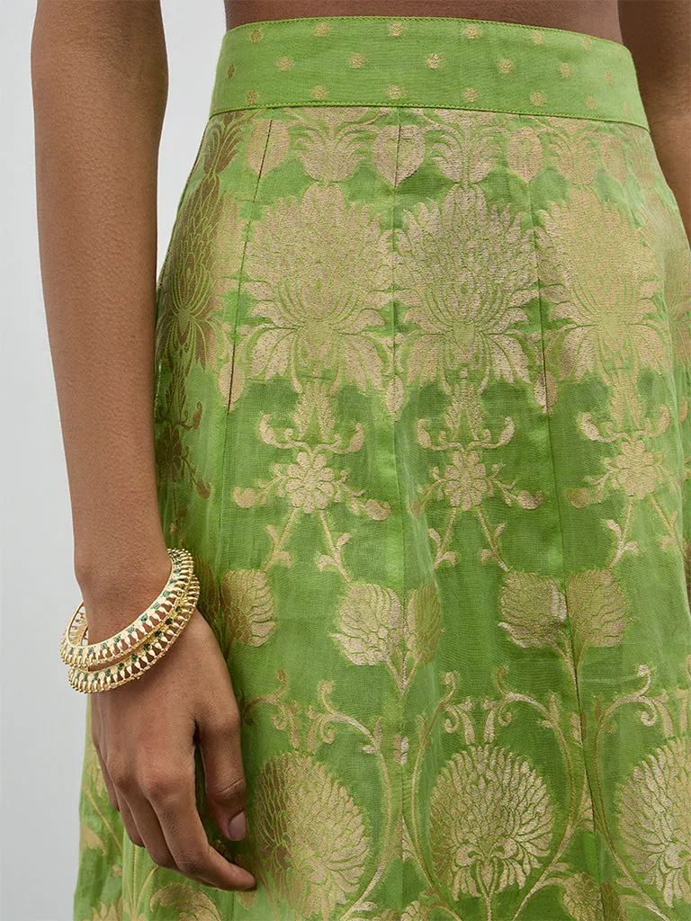 Vark Light Green Brocade Design A-Line Skirt