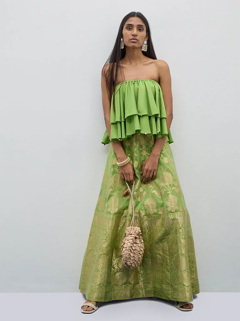 Vark Light Green Brocade Design A-Line Skirt