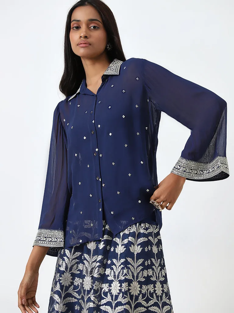 Vark Navy Embellished Shirt, Inner and Brocade Skirt Set