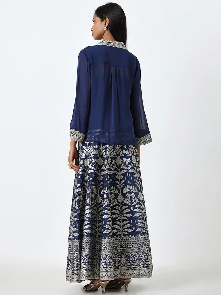 Vark Navy Embellished Shirt, Inner and Brocade Skirt Set