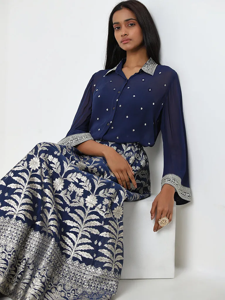 Vark Navy Embellished Shirt, Inner and Brocade Skirt Set