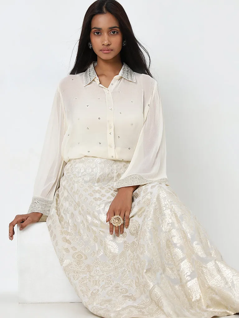 Vark Off-White Embellished Shirt, Inner and Brocade Skirt Set